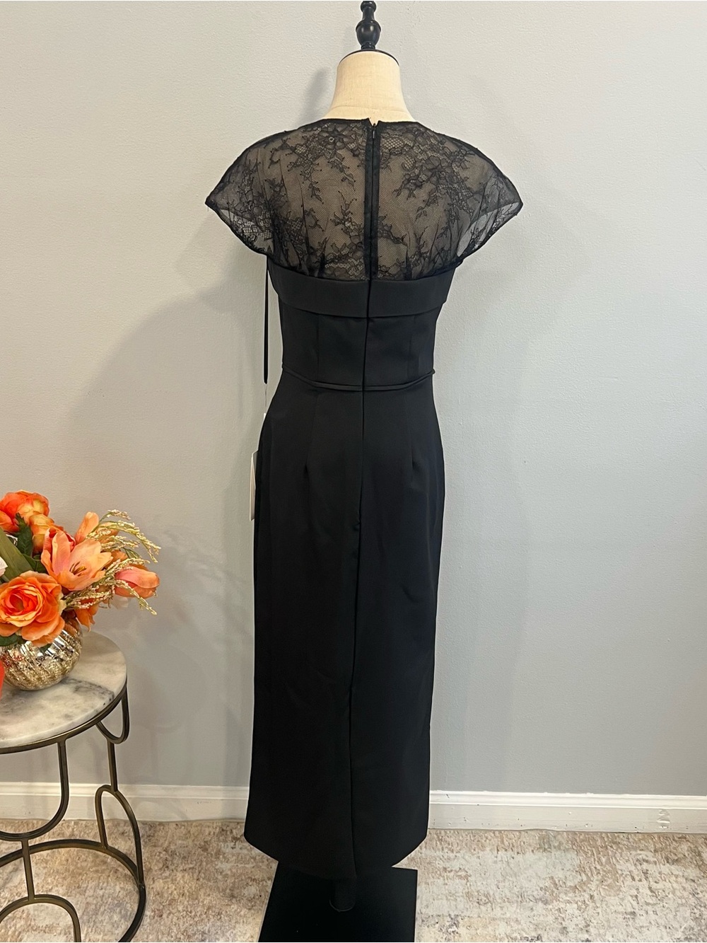 Mac Duggal Black Sheer Lace Illusion Crepe Cap Sleeve Midi Cocktail Dress - Picture 12 of 17